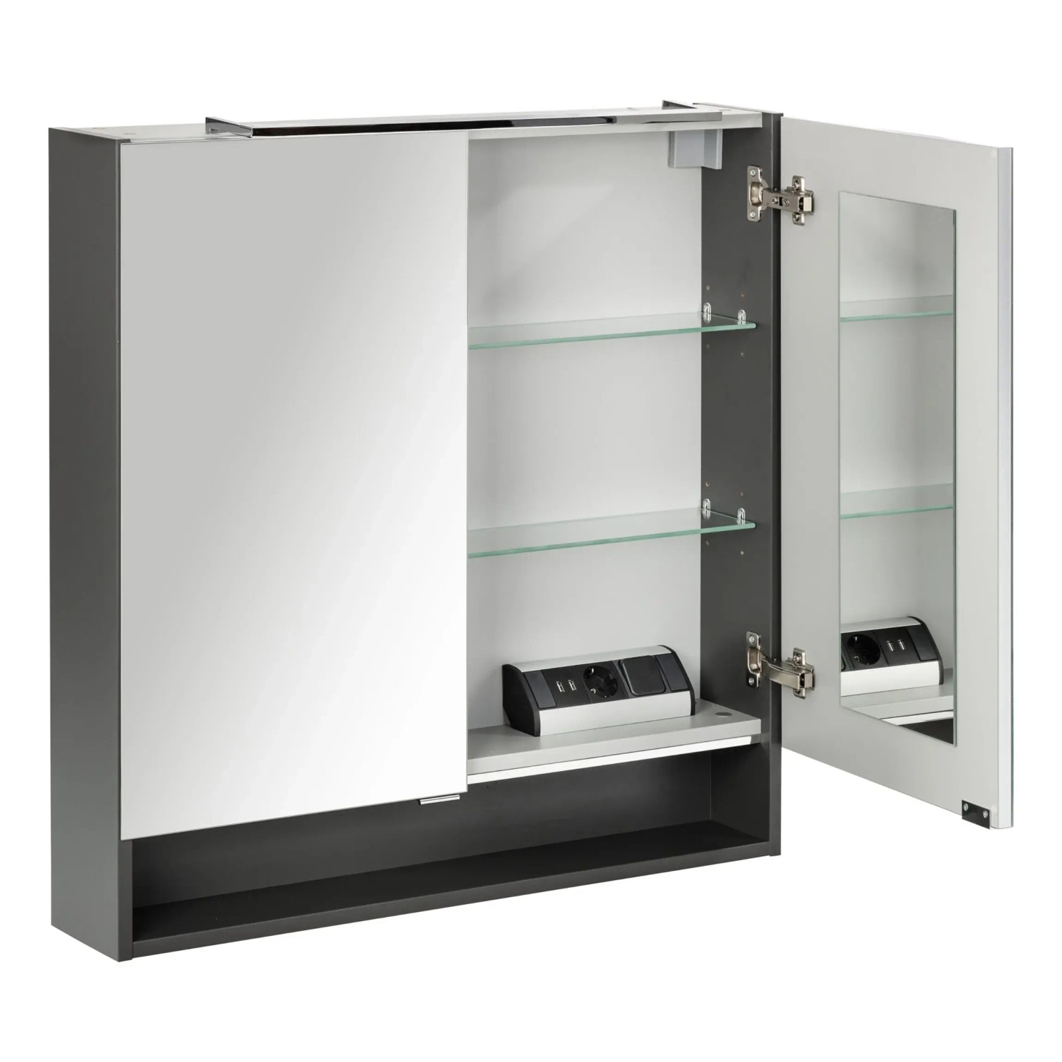 Fackelmann Spiegelschrank Luna, anthrazit, 80 cm breit, mit geöffneten Softclose-Türen und Innenleben.