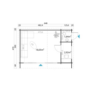 Grundriss Gartenhaus Java Schwedenrot: Aufteilung mit Wohnbereich, Bad und WC, Maße in cm.