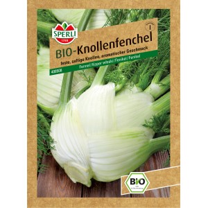Sperli Bio Knollenfenchel Finale Samenpackung mit saftigem Fenchel auf Holz.