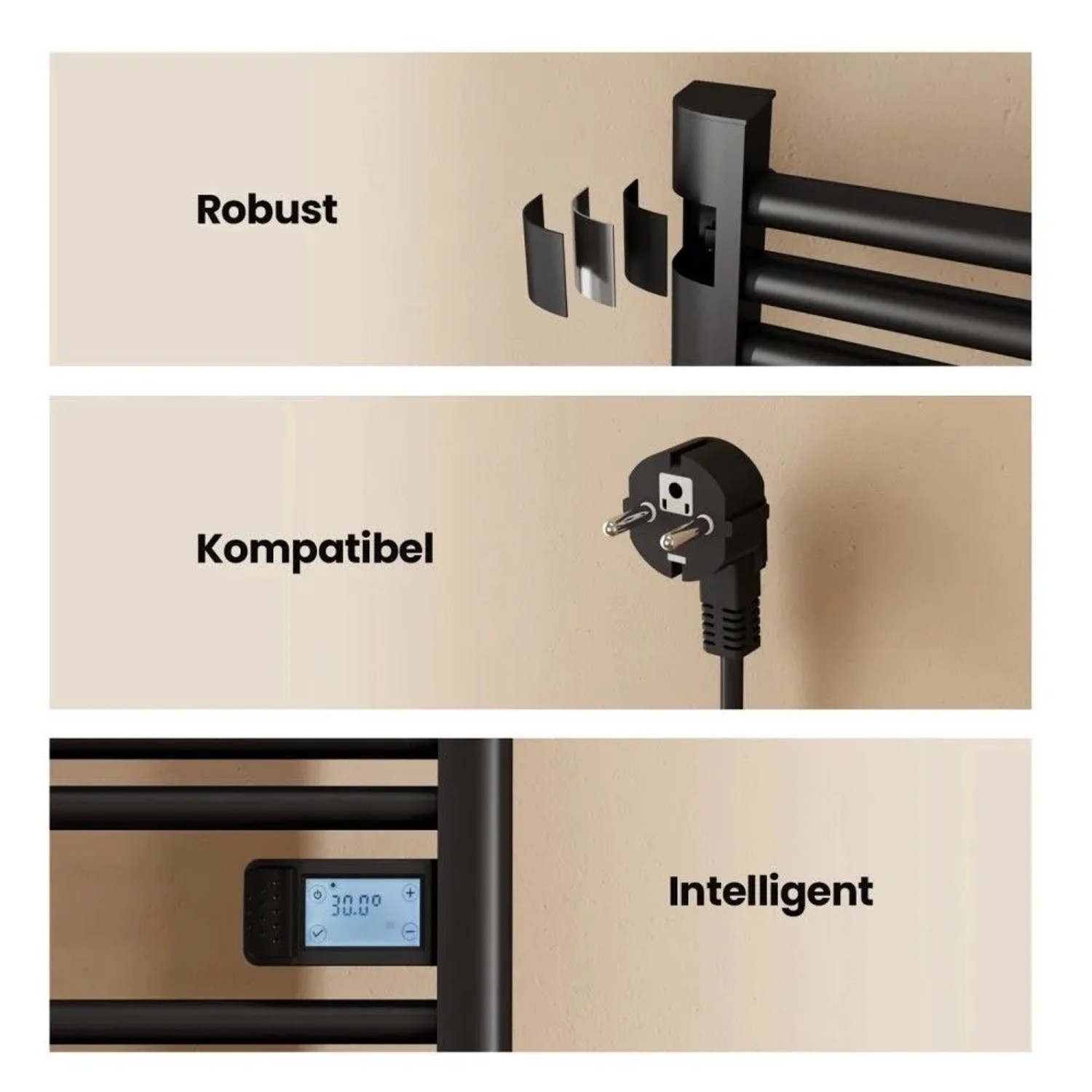 Schwarzer Emke Handtuchwärmer: Robuste Wandmontage, Stromstecker, intelligentes LED-Display mit Temperaturanzeige.