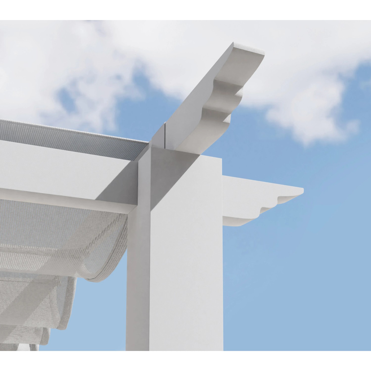 Detailansicht des weißen Pavillon Pergola Gazebo Florida mit Sonnensegel.