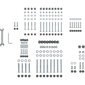 Montage-Set für Hollywoodschaukel Vigo mit Schrauben, Muttern, Unterlegscheiben, Kappen und Werkzeug.
