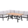 Elati 5-teiliges Lounge-Dining-Eckset mit Aluminiumrahmen, Teak-Look-Tisch und hellen Kissen für Gartenmöbel.