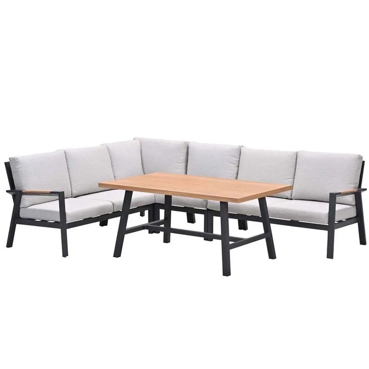 Elati 5-teiliges Lounge-Dining-Eckset mit Aluminiumrahmen, Teak-Look-Tisch und hellen Kissen für Gartenmöbel.