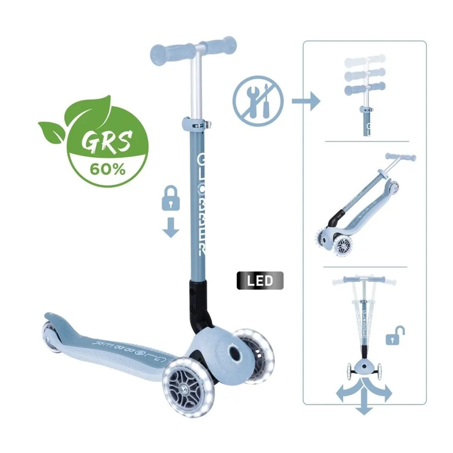 Globber Primo Foldable Lights Tretroller 120/80 mm ABEC 5 3-Rädrig Höhenverstellbar LED-Rollen Blaubeere_2