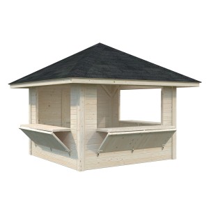 Palmako Marktstand Bianca Set 106 aus naturbelassenem Fichtenholz mit Verkaufsklappen.