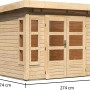 Karibu Holz-Gartenhaus Kastberg, naturbelassen, mit Flachdach und Maßangaben.