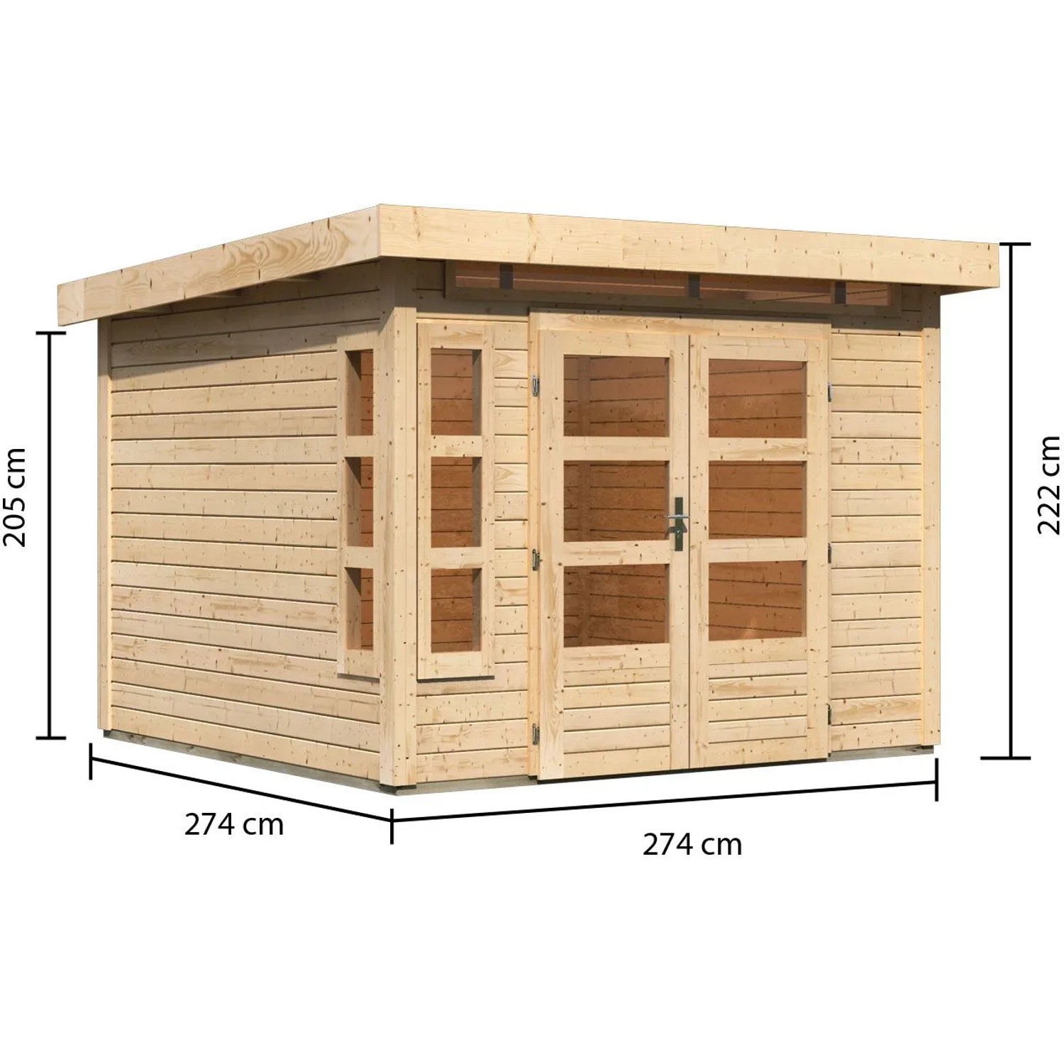 Karibu Holz-Gartenhaus Kastberg, naturbelassen, mit Flachdach und Maßangaben.
