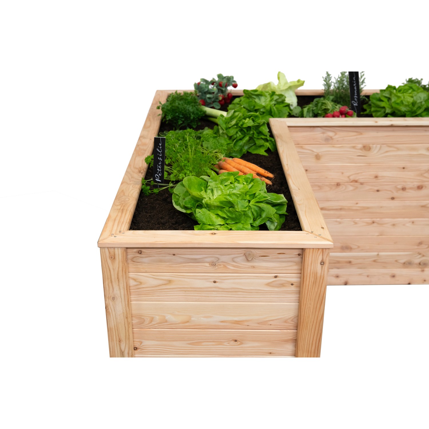 Westmann Holz-Eckhochbeet Klassik L, naturbelassen, bepflanzt mit Gemüse und Kräutern.
