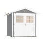 Graues weka Gartenhaus 224 mit weißer Doppeltür und Satteldach.