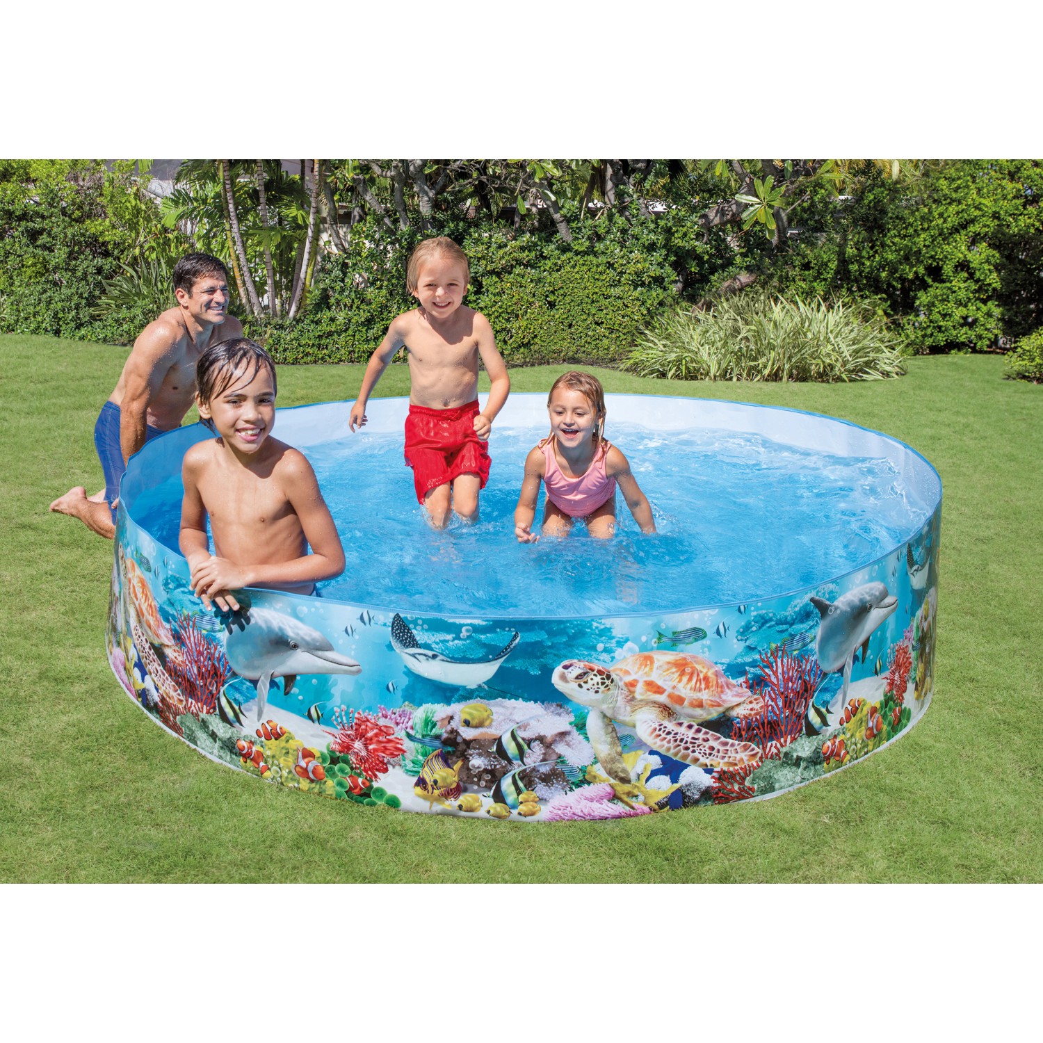 Intex Snapset Pool Coral Reef: Planschbecken mit Ozean-Motiv und spielenden Kindern.