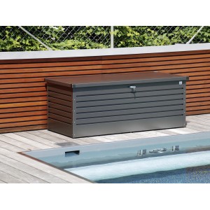 Dunkelgraue Biohort Freizeitbox Gr. 200 aus Stahlblech für Garten oder Terrasse.
