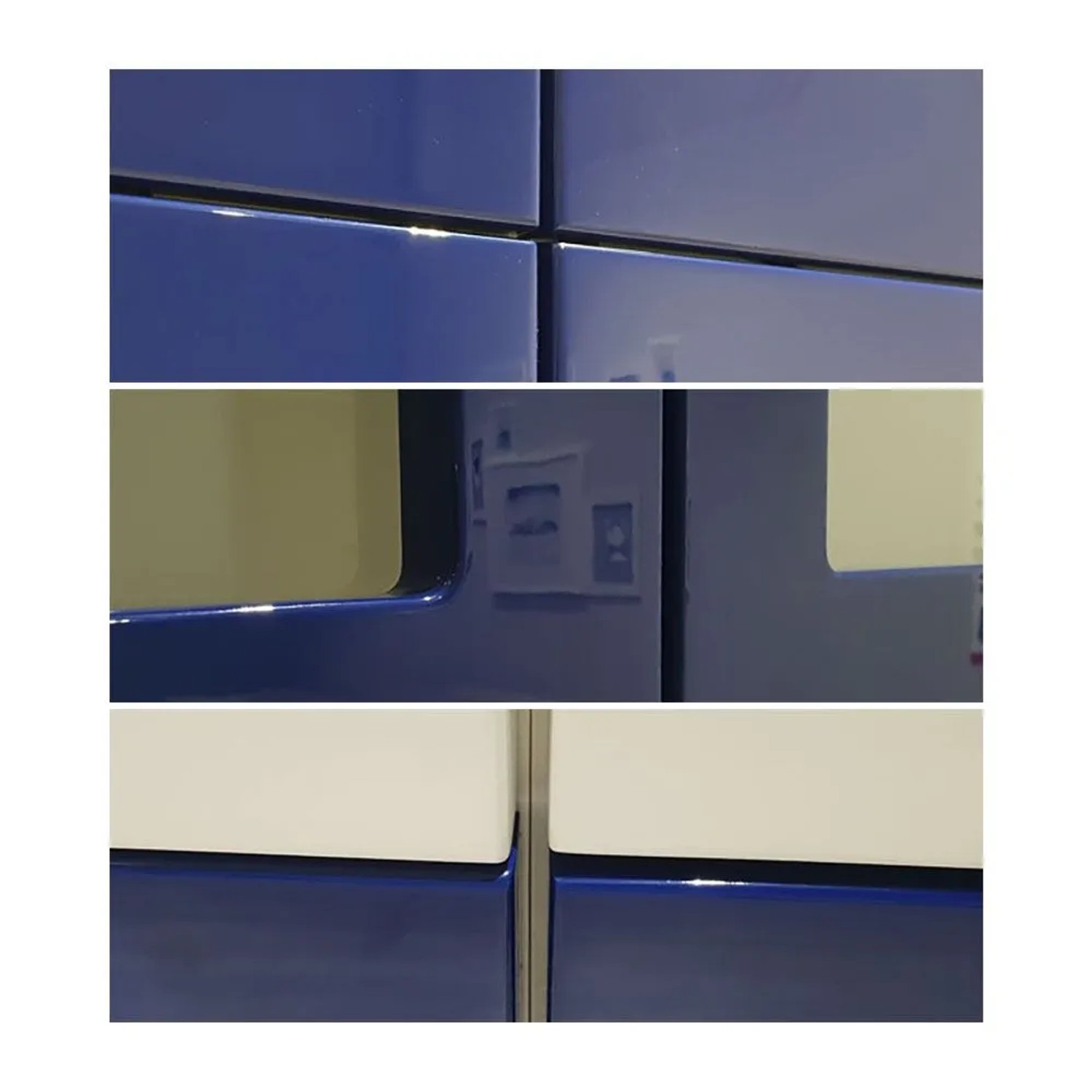 Brerra Eckaufsatzschrank: Detailansicht glänzender, lackierter Fronten in Blau und Weiß. Moderner Küchenschrank.