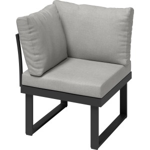 Grauer Alu-Ecksessel Lipson für die Gartenlounge, mit hellgrauen Auflagen und Kissen.
