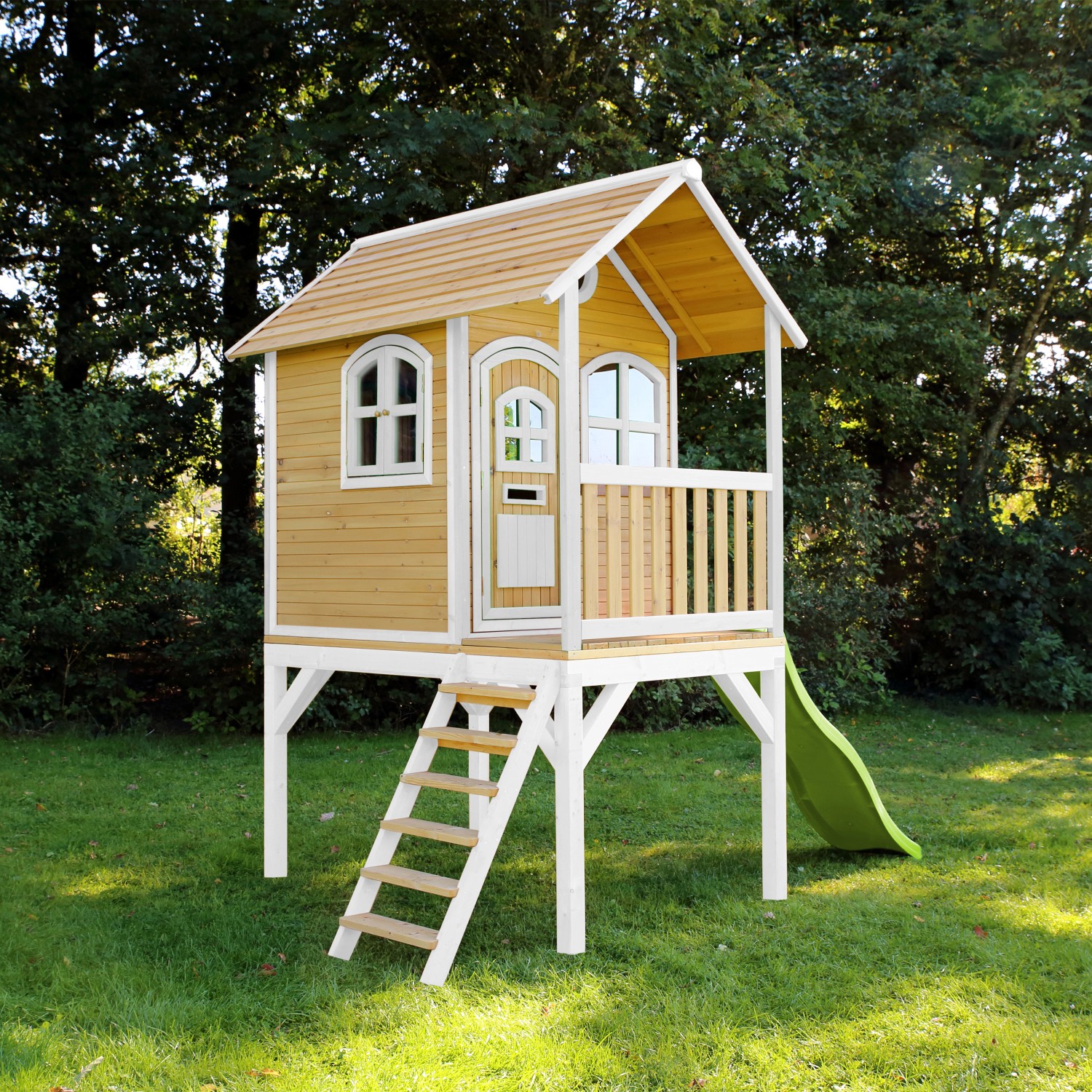 Axi Spielhaus Laura Braun/Weiß mit Rutsche Hellgrün 318 x 272 x 191 cm