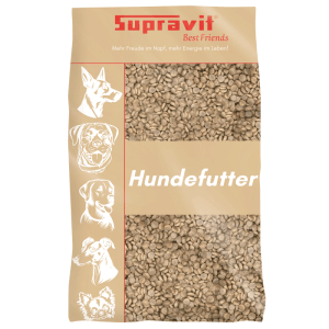 Supravit Hundetrockenfutter Lamm & Kartoffeln, getreidefrei. Beiger Beutel mit Hundeköpfen, Futterkroketten sichtbar.