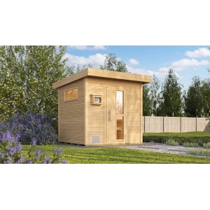 Weka Design Saunahaus Kuopio, naturbelassen mit Fenster und Tür im Garten.