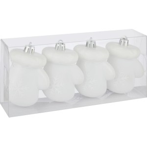 4er Set weiße Weihnachts-Deko Fäustlinge mit Schneeflockenmuster als Baumbehang.