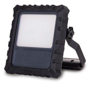 Schwarzer LED-Baustrahler mit Bügel und Tageslichtweiß, 20W, ideal für Baustelle und Werkstatt.