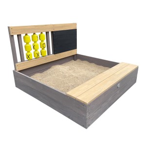 Axi Sandkasten Kitty mit Tic Tac Toe Spiel, grau-braun, mit Sitzbank und Kreidetafel.