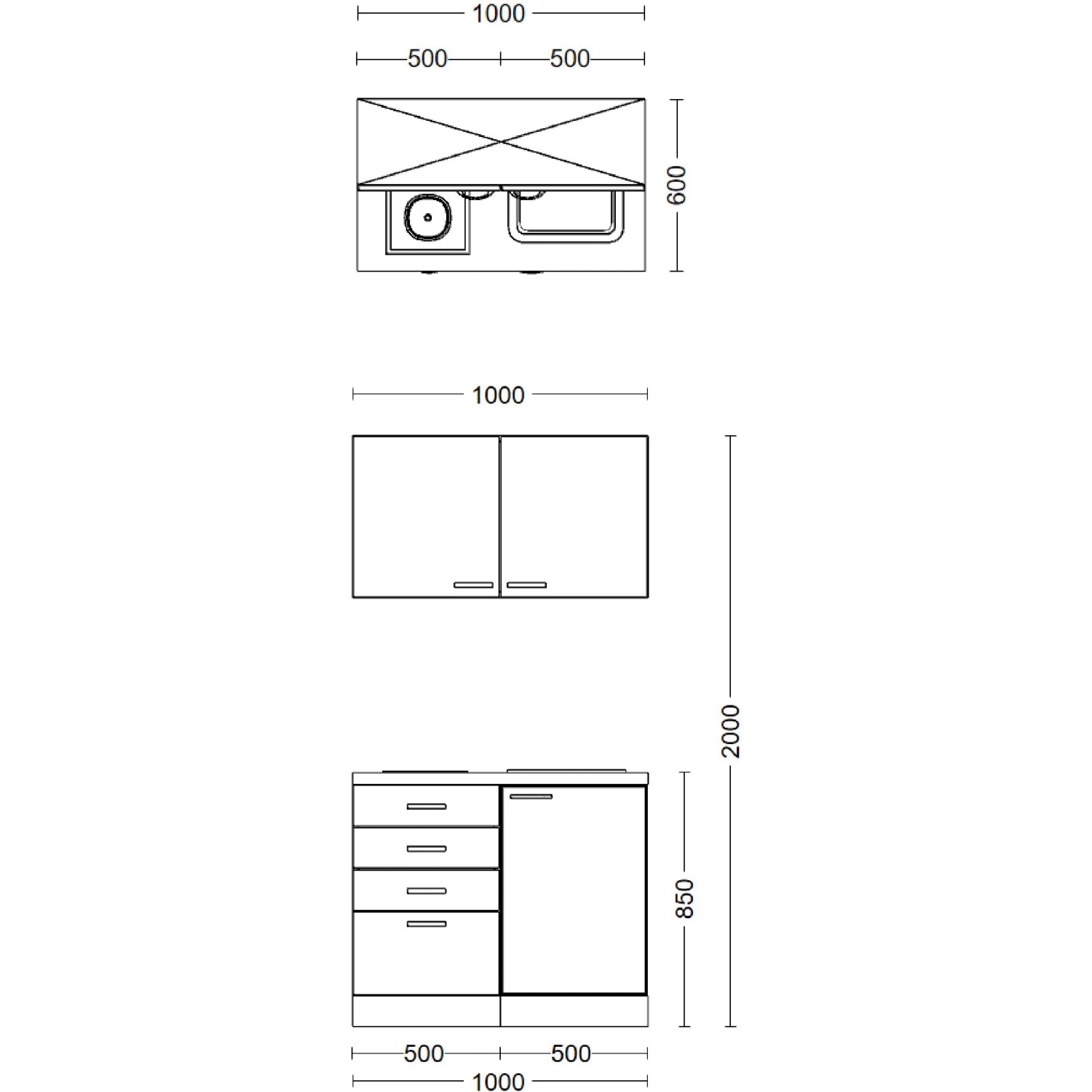 Skizze der Flex-Well Miniküche Lucca 100 cm in Weiß matt mit Spüle, Kochfeld, Ober- und Unterschränken.