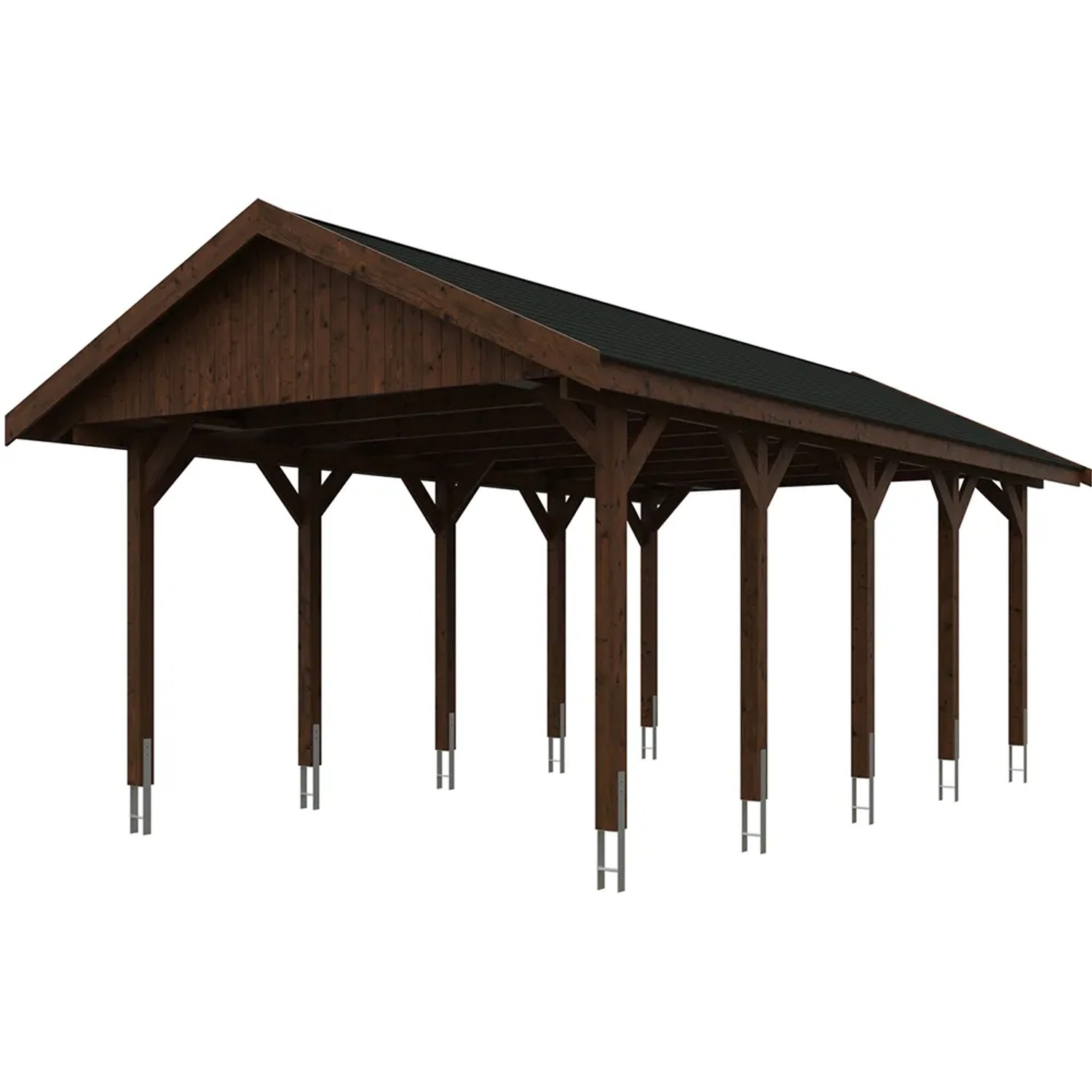 Satteldach-Carport Wallgau in Nussbaum mit schwarzen Dachschindeln, stabile Holzkonstruktion.