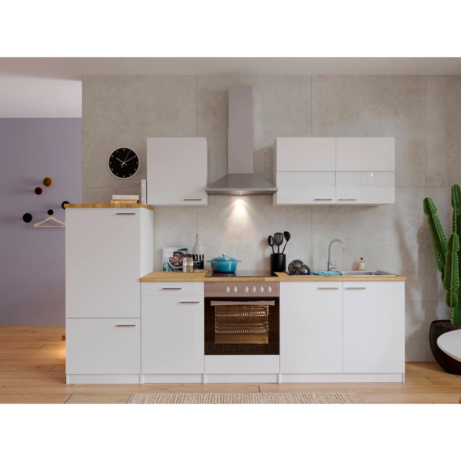 Weiße Respekta Küchenzeile KB270WWC (270 cm) mit E-Geräten und Arbeitsplatte in Nussbaum-Optik.