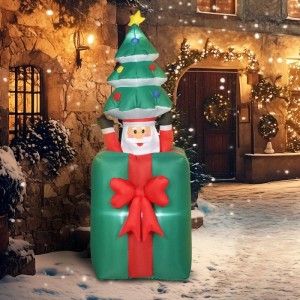 Outsunny aufblasbare Weihnachtsdeko: Weihnachtsmann hält beleuchteten Weihnachtsbaum, der aus einem grünen Geschenk kommt. Für Garten & Terrasse.