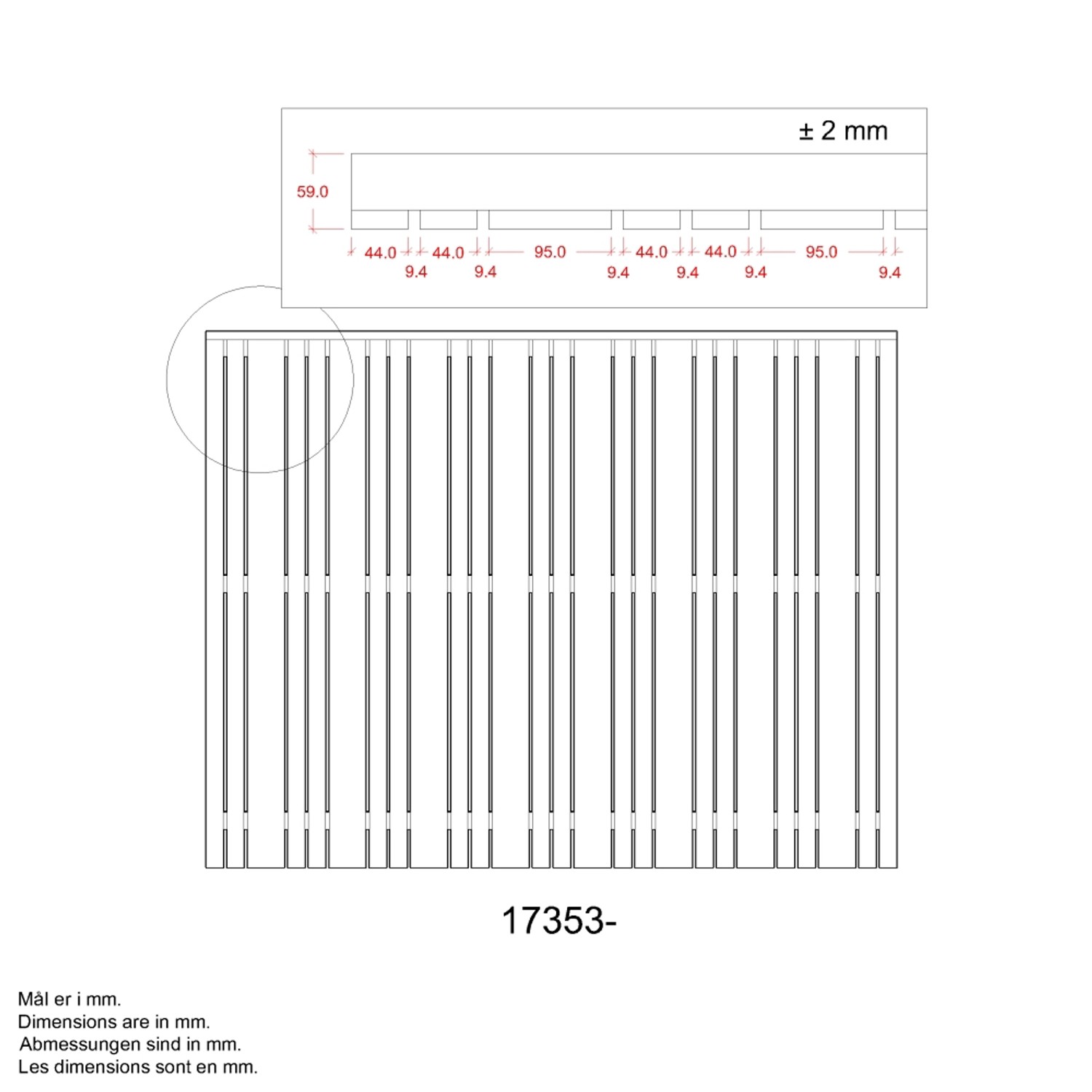 Detailzeichnung Sichtschutzzaun Tangent, Nadelholz umbragrau, Abmessungen der Leisten und Abstände.