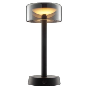 Schwarze LED Tischleuchte Razor 9,5cm mit Rauchglas-Schirm und warmweißem Licht. Kabellos, dimmbar.
