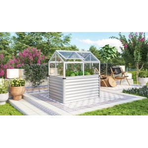 Vitavia Hochfrühbeet Gamma ESG Alu, 89x127x135cm, im Garten. Metall-Hochbeet mit Glasdach.