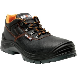 Schwarze Herock Schuhe Primus Low Compo S3, Größe 39, wasserabweisende Arbeitsschuhe mit orangefarbenen Akzenten.