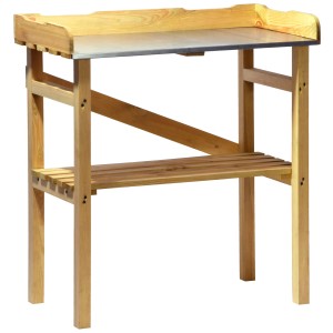 Pflanztisch aus imprägniertem Kiefernholz mit verzinkter Arbeitsfläche und Ablage für Gewächshaus-Zubehör.