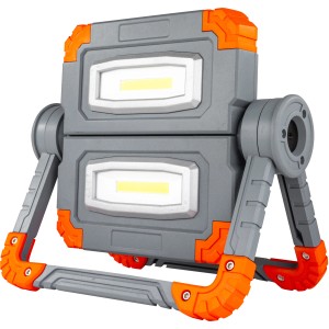 Grau-orange LED-Arbeitsleuchte mit Akku, Powerbank und USB-Kabel. Kompakter LED-Baustrahler.