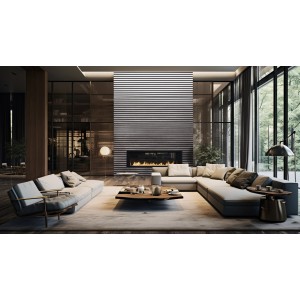 Modernes Wohnzimmer mit Akustikpaneel in Travertin Grau an der Wand über dem Kamin.