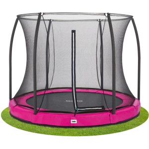 Pinkes Salta Comfort Edition Bodentrampolin ø 251 cm mit Sicherheitsnetz im Garten.