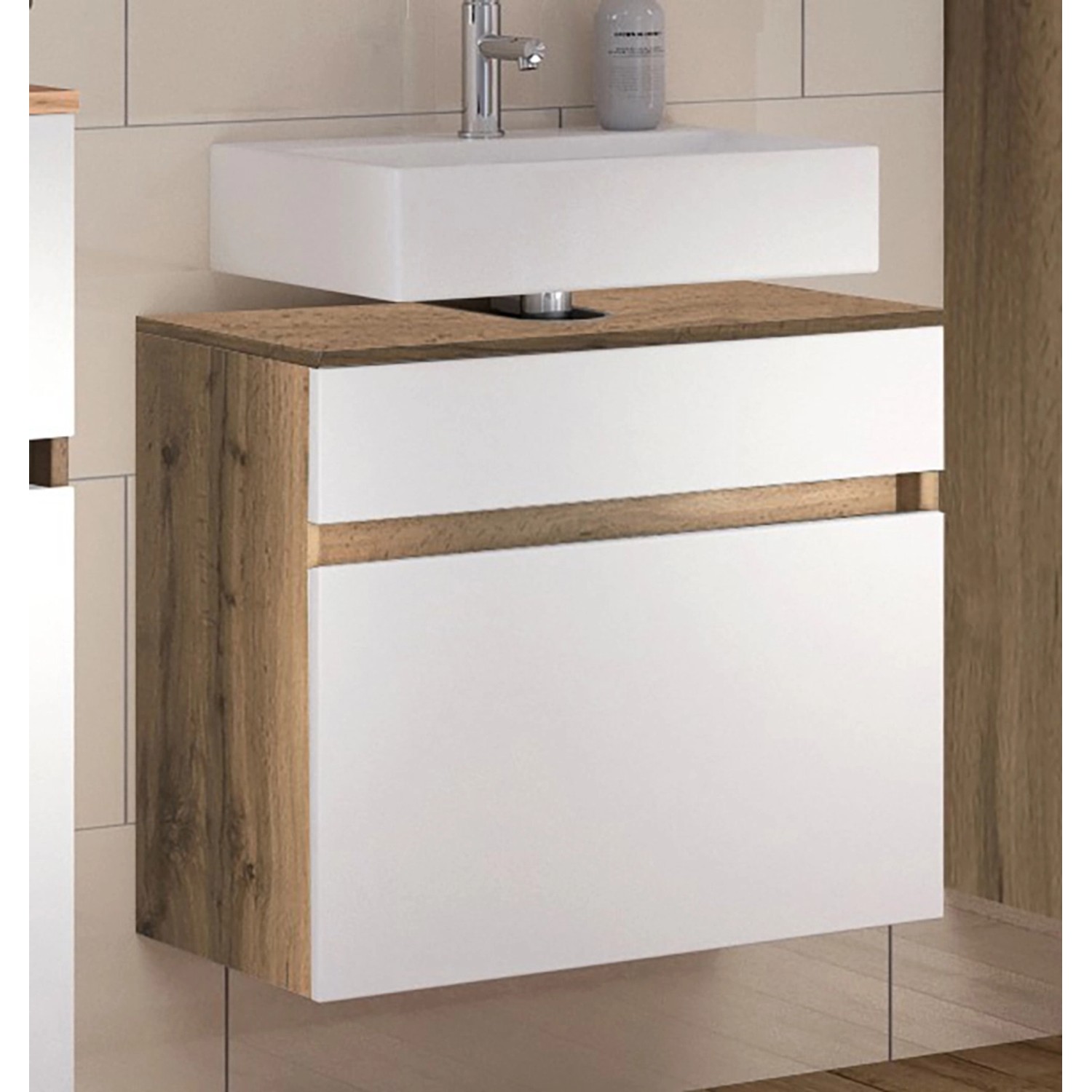 Held Möbel Waschbeckenunterschrank Bari, 60 cm, matt Weiß und Wotaneiche Dekor.