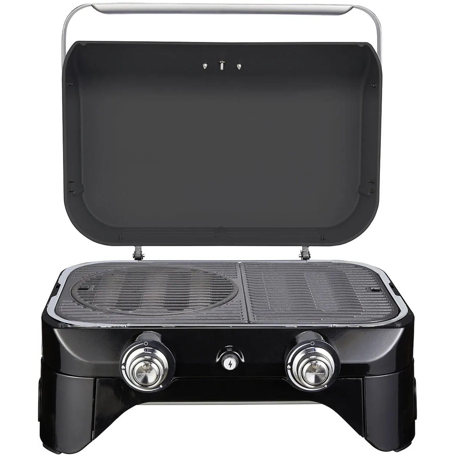Campingaz Attitude 2100 LX Gas-Tischgrill mit offenem Deckel und zwei Reglern.