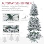 Künstlicher Weihnachtsbaum mit Kunstschnee, Tannenzapfen und Metallständer. Zeigt den einfachen Aufbau durch Scharniere und Sektionen.