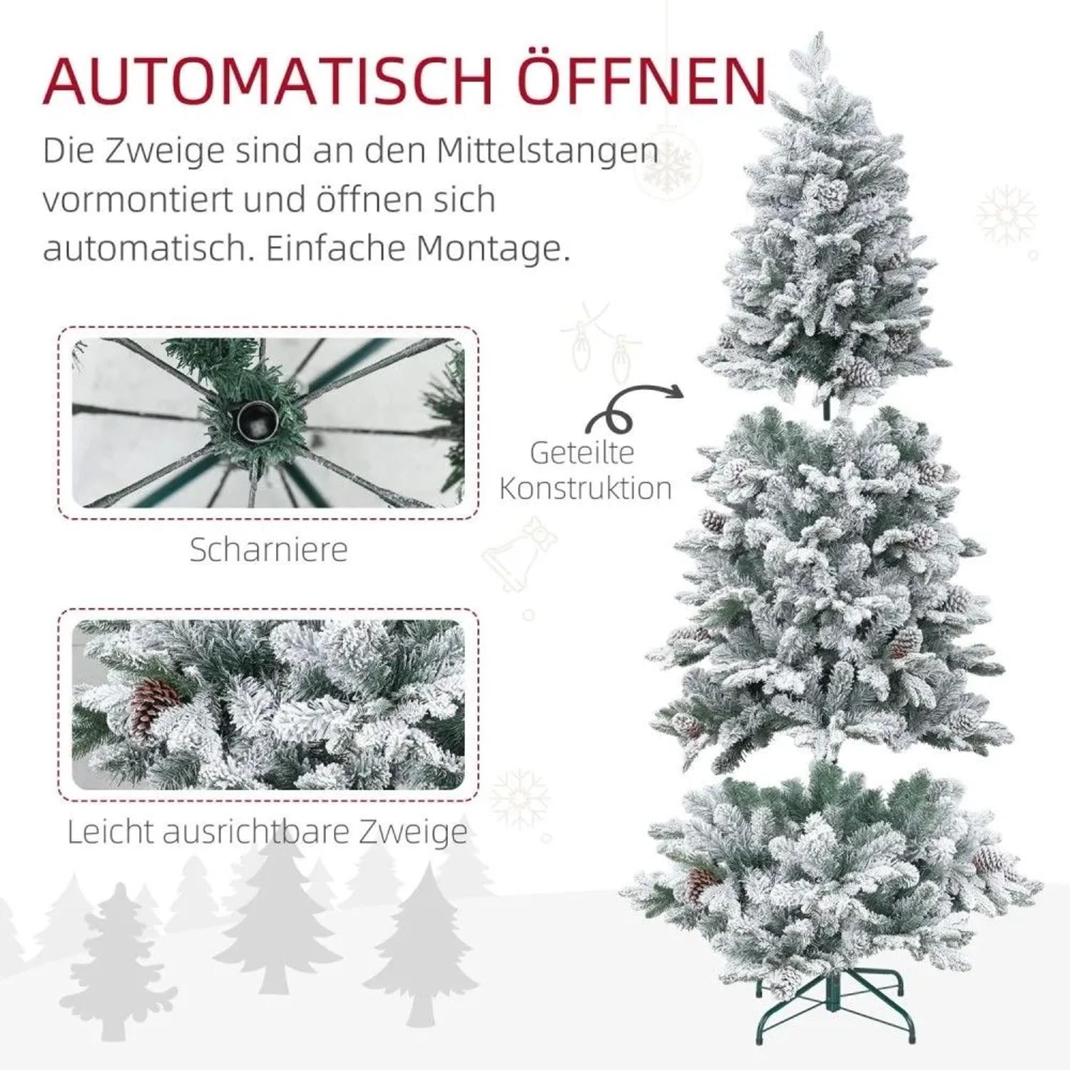 Künstlicher Weihnachtsbaum mit Kunstschnee, Tannenzapfen und Metallständer. Zeigt den einfachen Aufbau durch Scharniere und Sektionen.