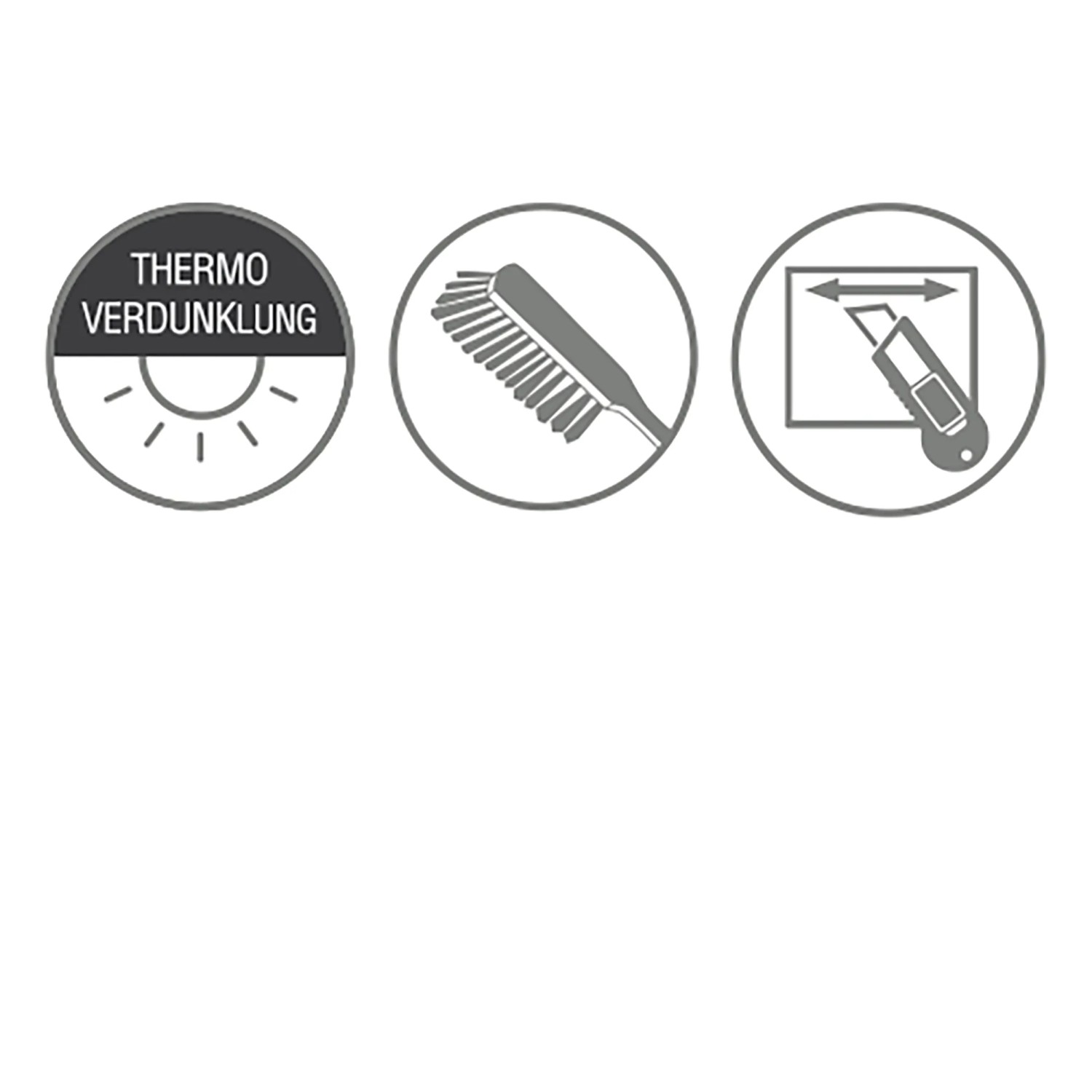 Symbole für Thermo, Verdunklung, Montage und Zuschnitt des Gardinia Rollos EasyFix.