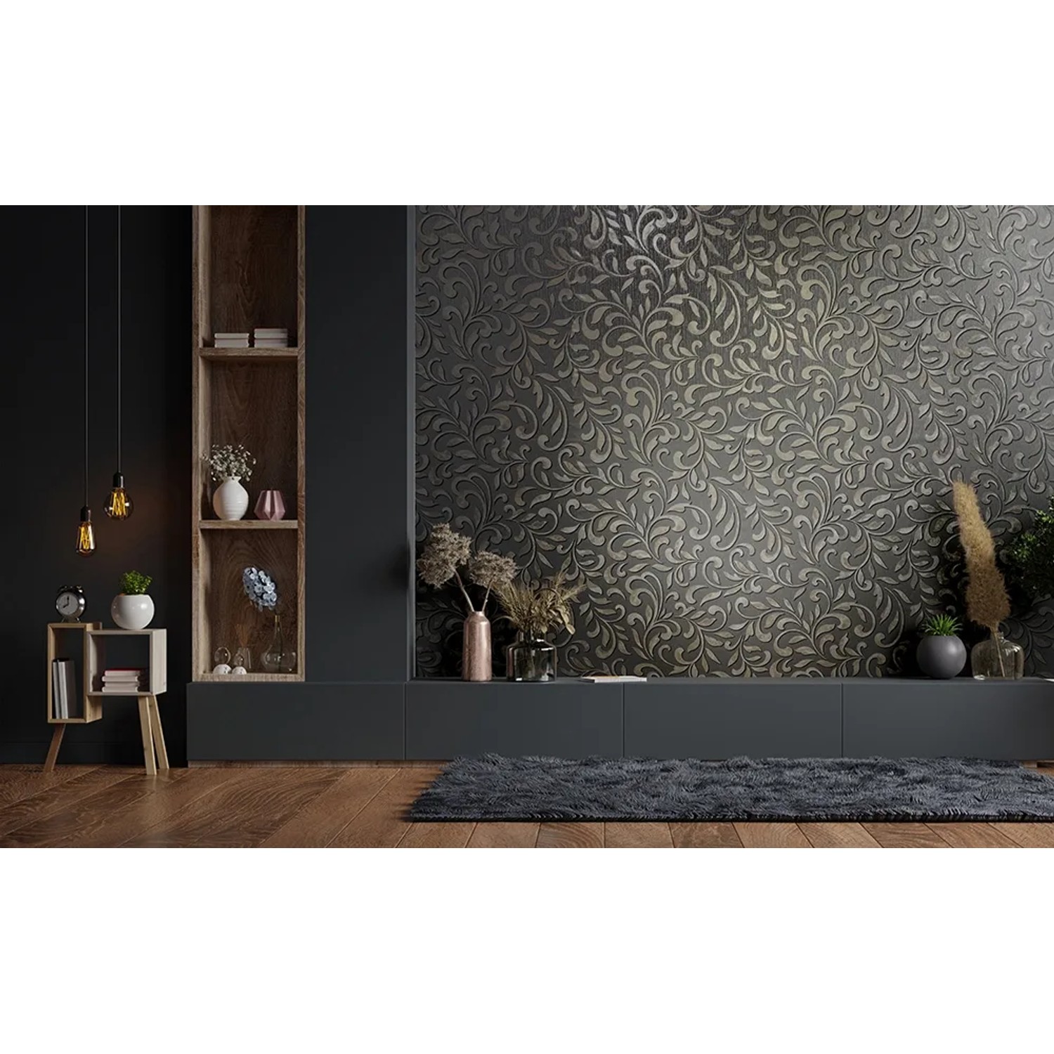 Anthrazitfarbene Marburg Vliestapete mit klassischem, grafischem Muster im Wohnraum.