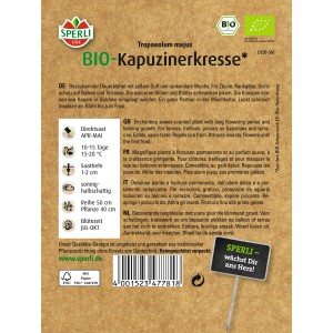 Samenpackung Sperli Bio-Kapuzinerkresse, rankende Pflanze für Beet und Balkon.