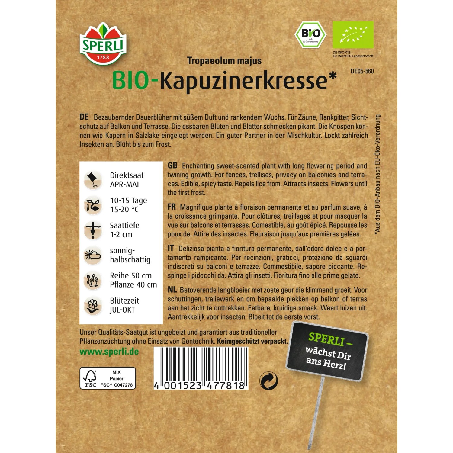 Samenpackung Sperli Bio-Kapuzinerkresse, rankende Pflanze für Beet und Balkon.