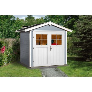 Graues weka Gartenhaus 224 mit Doppeltür und Satteldach im Garten.