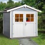 Graues weka Gartenhaus 224 mit Doppeltür und Satteldach im Garten.