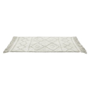 Graue Wenko Badematte Urla (60x90 cm) mit geometrischem Jacquard-Muster und Fransen.