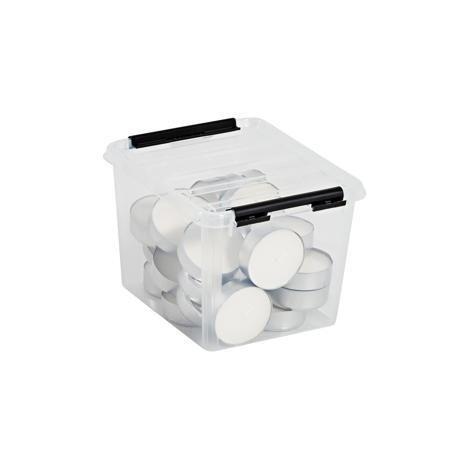 Transparente SmartStore Aufbewahrungsbox Classic 3 l mit Teelichtern und schwarzem Deckel.