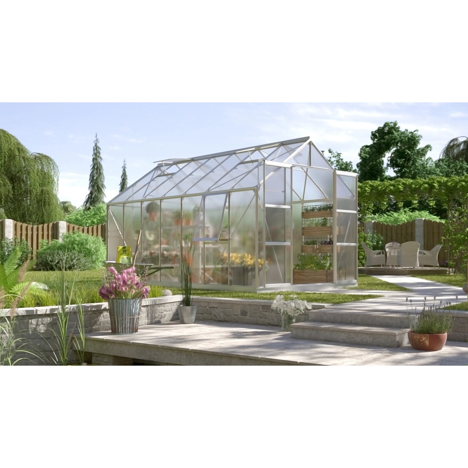 Vitavia Gewächshaus Jupiter 11500 aus Aluminium, 11,5 m², mit Pflanzen im Garten.