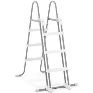 Poolleiter für Pools bis 107 cm Höhe, mit grauen Holmen und weißen Stufen für sicheren Einstieg.